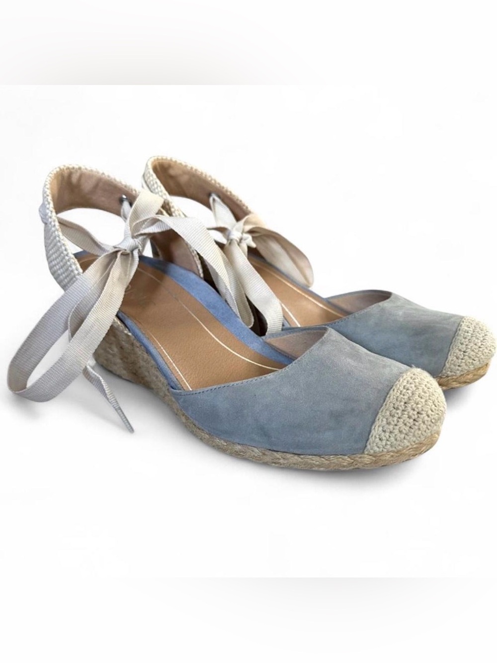 Vionic Aruba Maris Blue Suede Espadrille Closed Toe Wedges Ankle Tie Women’s 8.5